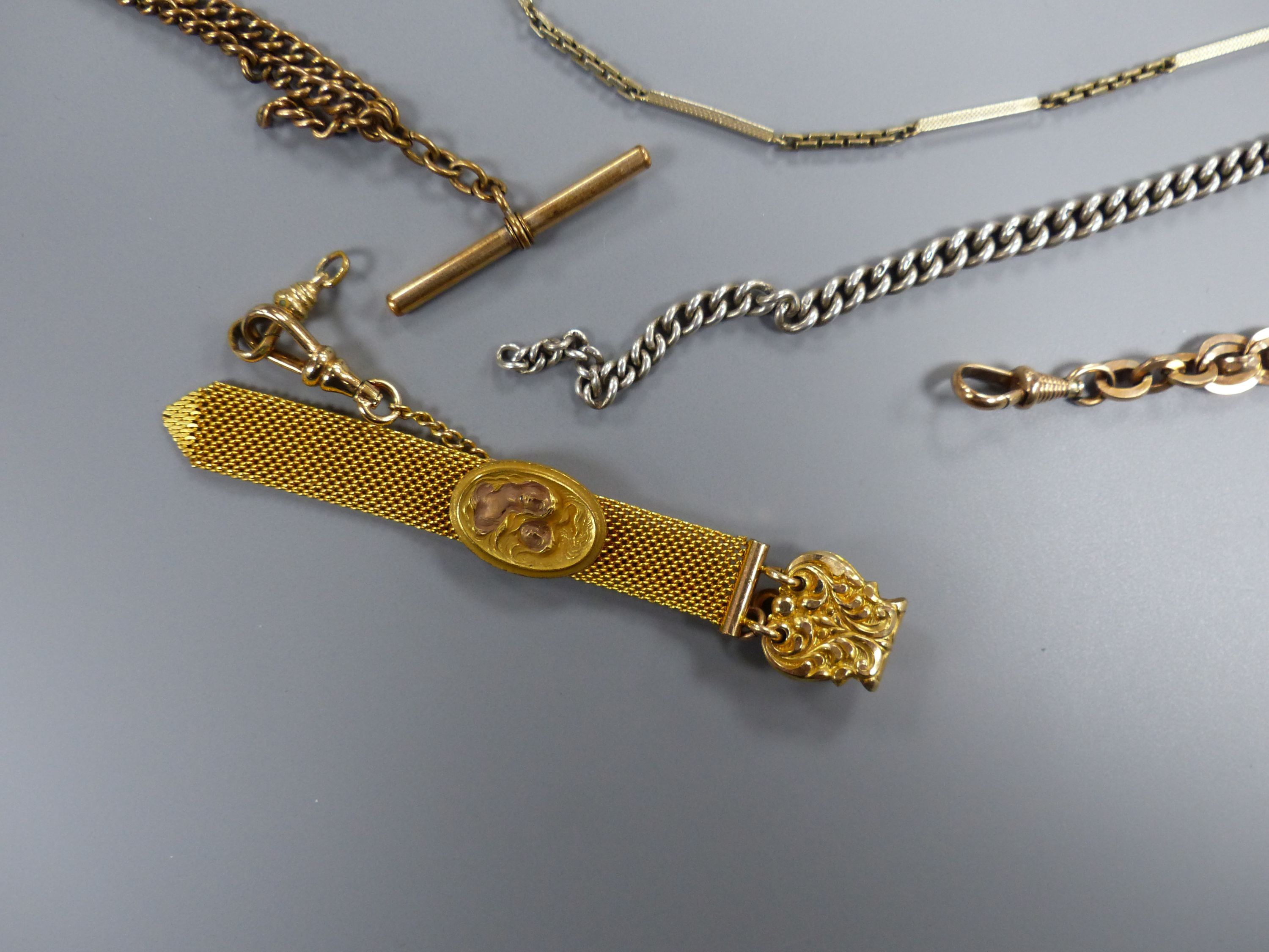 Mixed jewellery including a modern 9ct and cultured pearl bracelet, silver albert, gilt albertina, gilt albert, chain etc.